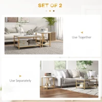 HOMCOM Coffee Tables Set of 2, Rectangle and Round Coffee Table with Storage Shelves, Faux Marble Top, Living Room Table Set(m-4)