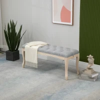 HOMCOM 43" Upholstered Entryway Bench, Linen Fabric Ottoman Stool with Button Tufted Seat, and Rubber Wood Legs for Living Room, Bedroom, or Hallway, Gray(m-13)