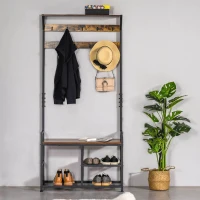 HOMCOM 3-in-1Hall Tree Entryway Coat Rack Shoe Bench with 9 Hanging Hooks, 3-Tier Storage Shelves, Multifunctional Hallway Organizer Brown/Black(m-2)