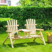Outsunny 2-Seat Wooden Adirondack Chair, Patio Bench with Table, Outdoor Loveseat Fire Pit Chair for Porch, Backyard, Deck, Natural(m-10)