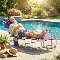 Outsunny Tanning Chair with Face Hole, 5-Level Adjustable Outdoor Chaise Lounge Chair with Pillow for Beach, Pool, Purple(m-8)