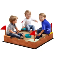 Qaba Kids Wooden Sandbox with Flags, 4 Colorful Built-in Corner Seating, Ground Liner, Gift for Ages 3-7, Wooden Brown(m-9)