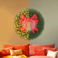 HOMCOM 36in Pre-Lit Christmas Wreath with 3D Red Bow, 11 Lighting Modes, Front Door Christmas Wreath with Remote(m-9)