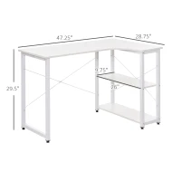 HOMCOM L-Shaped Computer Desk Home Office Corner Desk Study with Wide Desktop, 2 Side Shelves, Steel Frame, White(m-3)
