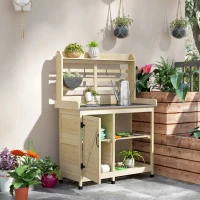 Outsunny Wooden Potting Bench with Storage, Aluminum Tabletop for Backyard, Patio, Balcony, Natural(m-2)