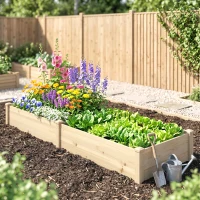 Outsunny 96" x 24" x 10" Wooden Raised Garden Bed with 2 Planter Boxes and Non-woven Fabric Liner for Patio, Natural(m-10)