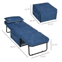 HOMCOM Ottoman Sofa Bed, 4 in 1 Multi-Function Button Tufted Folding Sleeper Chair Bed with Adjustable Backrest, Pillow, Side Pocket for Home Office, Bedroom, Living Room, Blue(m-3)