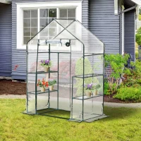 Outsunny 56" x 29" x 77" Mini Greenhouse Walk-in Greenhouse Garden Hot House with 2-Tier Shelving, Roll-Up Door & Weather Cover(m-10)