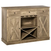 HOMCOM Farmhouse Coffee Bar Cabinet, Wine Cabinet with 3 Drawers, Sideboard Buffet Cabinet with X-Shaped Wine Rack and Stemware Holder, Rustic Oak Grain(m-11)