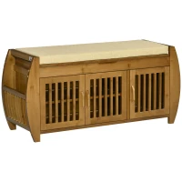 HOMCOM Shoe Bench with Storage Cabinets, Bamboo Entryway Bench with Seating Cushion, 3 Doors, Side Rack and Hidden Compartment for Hallway, Brown(m-1)