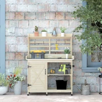 Outsunny Wooden Potting Bench with Storage, Aluminum Tabletop for Backyard, Patio, Balcony, Natural(m-7)