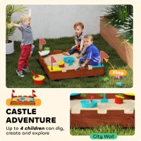 Qaba Kids Wooden Sandbox with Flags, 4 Colorful Built-in Corner Seating, Ground Liner, Gift for Ages 3-7, Wooden Brown(m-4)