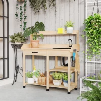 Outsunny Potting Bench Table, Outdoor Garden Table Wooden Work Station with Removable Sink, Faucet, Drawer, Shelves, Hooks, Natural Wood(m-10)