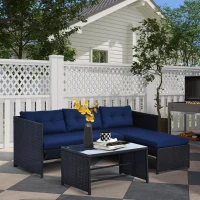 Outsunny 3 Piece Patio Furniture Set, Rattan Outdoor Sofa Set with Chaise Lounge & Loveseat, Soft Cushions, Tempered Glass Table, L-Shaped Sectional Couch, Blue(m-10)
