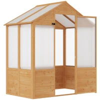 Outsunny 6' x 4' x 7' Polycarbonate Greenhouse, Walk-in Hot House Kit, Hobby Greenhouse with Lockable Door, Level 5 Wind Resistant Wooden Frame, Natural Wood(m-1)