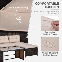 Outsunny 3 Piece Patio Furniture Set, Rattan Outdoor Sofa Set with Chaise Lounge & Loveseat, Soft Cushions, Tempered Glass Table, L-Shaped Sectional Couch, Beige(m-5)