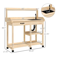Outsunny Potting Bench Table, Outdoor Garden Table Wooden Work Station with Removable Sink, Faucet, Drawer, Shelves, Hooks, Natural Wood(m-3)