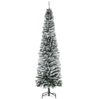 HOMCOM 7.5ft Flocked Christmas Tree, Pencil Artificial Xmas Tree with Faux Snow, Dense Branches, Foldable Metal Base for Indoor Holiday Decor(m-11)
