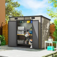 Outsunny 8' x 4' Plastic Outdoor Storage Shed with Floor, Window, Lockable Doors and Vents for Backyard Patio Lawn, Light Brown(m-2)