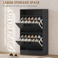 HOMCOM Shoe Cabinet 2 Flip Drawers Adjustable Dividers Shoe Storage Cabinet Top Shelf Entryway Black(m-4)