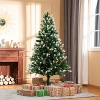 HOMCOM 6' Tall Unlit Snow-Flocked Fir Artificial Christmas Tree with Realistic Branches, Red Berries and 836 Tips, Green / White(m-2)