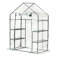 Outsunny 56" x 29" x 77" Mini Greenhouse Walk-in Greenhouse Garden Hot House with 2-Tier Shelving, Roll-Up Door & Weather Cover(m-1)