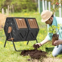 Outsunny Dual Chamber Compost Tumbler Bin, Outdoor Tumbling Composter with 24 Ventilation Openings and Steel Legs, 34.5 Gallon(m-2)