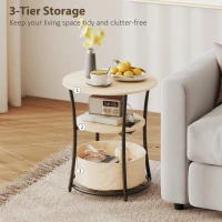 HOMCOM Round Side Table with Charging Station, 3-Tier End Table with Fabric Storage Bag and Shelf, Natural Wood(m-5)