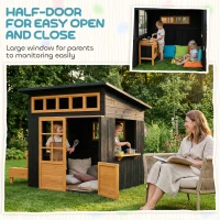 Qaba Outdoor Playhouse, Wooden Kids Playhouse w/ Picnic Table & Benches, Chalkboards, Half Door, Windows, for Kids Ages 3-8(m-8)