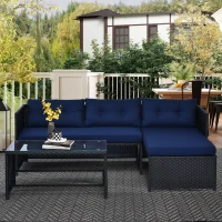 Outsunny 3 Piece Patio Furniture Set, Rattan Outdoor Sofa Set with Chaise Lounge & Loveseat, Soft Cushions, Tempered Glass Table, L-Shaped Sectional Couch, Blue(m-2)