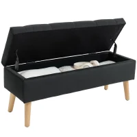 HOMCOM Storage Ottoman with Lid, Velvet Upholstered Storage Bench with Wood Legs for Living Room, Black(m-9)