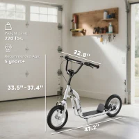 Aosom Youth Scooter Front and Rear Caliper Dual Brakes 12-Inch Inflatable Front Wheel Ride On Toy For Age 5+ - White(m-3)