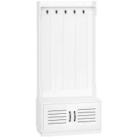 HOMCOM Modern Hall Tree, Entryway Coat Rack with Shoe Bench, 5 Hooks, Storage Shelf and Slatted Door Cabinet for Hallway, White(m-1)