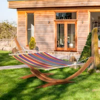 Outsunny Outdoor Hammock with Stand, Extra Large Heavy Duty Wooden Frame, No Tree Needed, 12.8' Indoor Outside Boho Style Nap Bed, Natural Cotton, Rainbow(m-2)