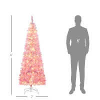 HOMCOM 6ft Prelit Snow Flocked Artificial Christmas Tree with Pencil Shape, Pine Realistic Branches, Pink and White(m-3)
