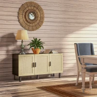 HOMCOM Boho Kitchen Cabinet, Buffet Cabinet with 3 Rattan Doors and Adjustable Shelves for Dining Room, Black and Natural(m-8)