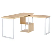 HOMCOM 55" 360 Degree Rotating Corner L-Shaped Computer Desk with Storage Shelves, Home Office Study Writing Workstation Modern Space-Saving Design, Oak(m-1)