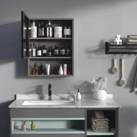 kleankin Bathroom Medicine Cabinet with Mirror Wall-Mounted with Single Door, Storage Shelves and Stainless Steel Frame for Laundry Room, Black(m-8)