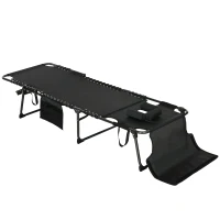 Outsunny Folding Chaise Tanning Lounge Chair w/ 5-level Reclining Back, Reading Hole, Side Pocket, Headrest, Black(m-1)