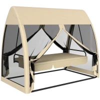 Outsunny 3 Seat Outdoor Swing Chair Convertible Covered Day Bed with Canopy, Mesh Netting, Steel Stand for Garden, Patio, Coffee(m-11)