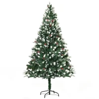 HOMCOM 6' Tall Unlit Snow-Flocked Fir Artificial Christmas Tree with Realistic Branches, Red Berries and 836 Tips, Green / White(m-1)