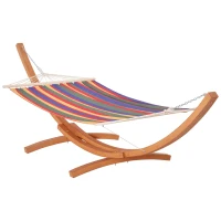 Outsunny Outdoor Hammock with Stand, Extra Large Heavy Duty Wooden Frame, No Tree Needed, 12.8' Indoor Outside Boho Style Nap Bed, Natural Cotton, Rainbow(m-1)