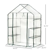 Outsunny 56" x 29" x 77" Mini Greenhouse Walk-in Greenhouse Garden Hot House with 2-Tier Shelving, Roll-Up Door & Weather Cover(m-3)