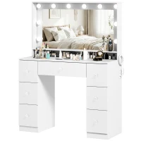 HOMCOM Vanity Desk with 10 Dimmable LED Lights, Mirror Dressing Table with 7 Drawers and Charging Station, White(m-13)