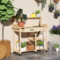 Outsunny Potting Bench Table, Outdoor Garden Table Wooden Work Station with Removable Sink, Faucet, Drawer, Shelves, Hooks, Natural Wood(m-2)