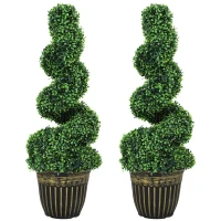 HOMCOM Set of 2 Artificial Plants, Topiary Spiral Boxwood Trees with Pot, for Home Indoor Outdoor Decor, 90cm(m-9)