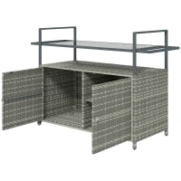 Outsunny 2-Tier Shelf PE Rattan Outdoor Bar Table, Glass Top Outdoor Serving Cart with Cabinet, Mixed Gray(m-1)
