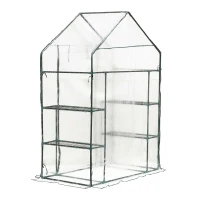 Outsunny 56" x 29" x 77" Mini Greenhouse Walk-in Greenhouse Garden Hot House with 2-Tier Shelving, Roll-Up Door & Weather Cover(m-11)