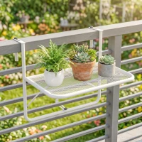 Outsunny Adjustable Balcony Hanging Railing Table, Metal Mounting Mini Wall Desk Storage Rack, Outdoor Flower Stand Serving Table Rectangle, White(m-9)