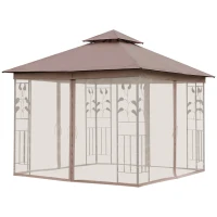 Outsunny 10' x 10' Metal Patio Gazebo, Double Roof Outdoor Gazebo Canopy Shelter with Tree Motifs Corner Frame and Netting, Brown(m-11)